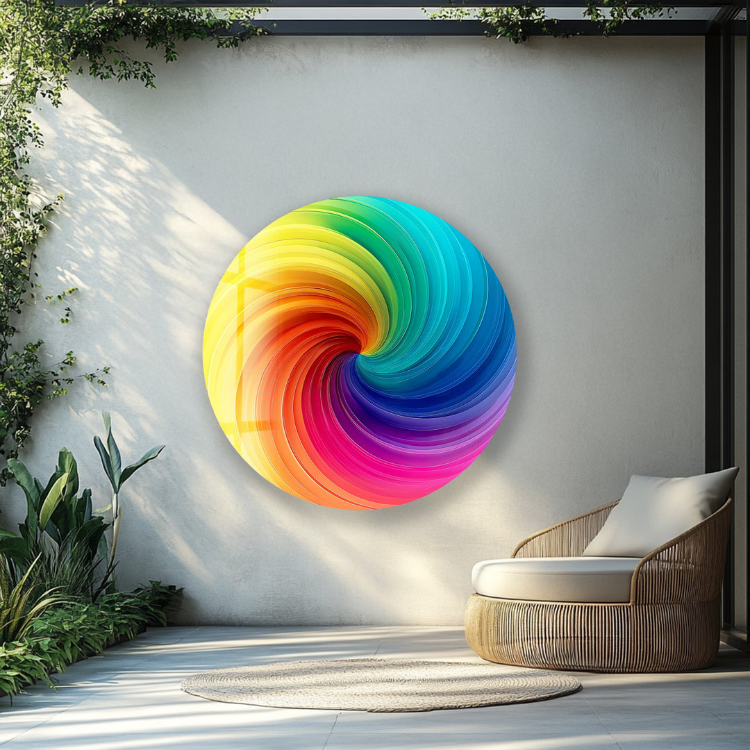 Vortex of Color – Rainbow Swirl Round Glass Wall Art
