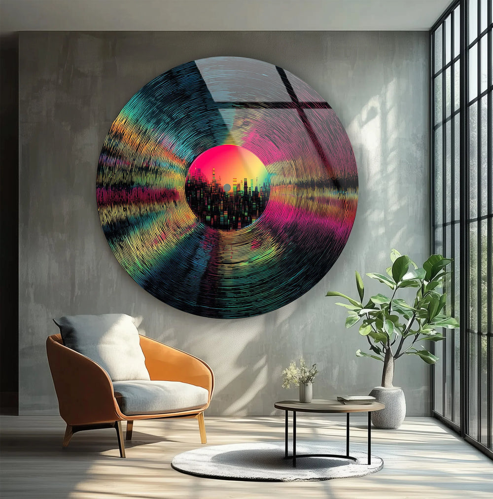 Neon Vinyl Cityscape – Round Glass Wall Art - MyPhotoStation
