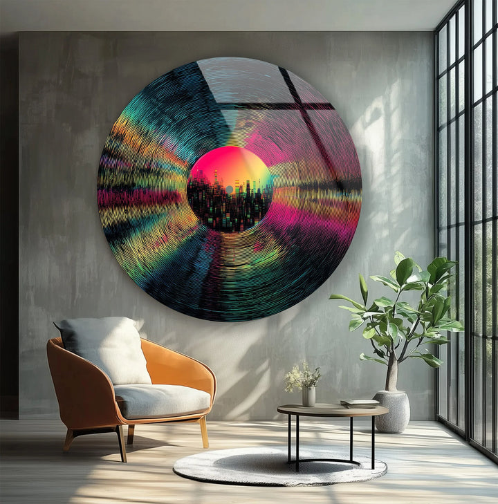 Neon Vinyl Cityscape – Round Glass Wall Art - MyPhotoStation
