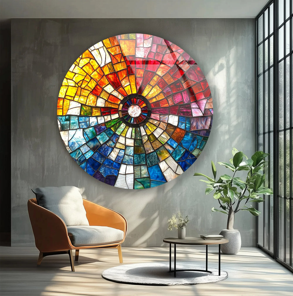 Radiant Sunburst Mosaic Round Glass Wall Art - MyPhotoStation