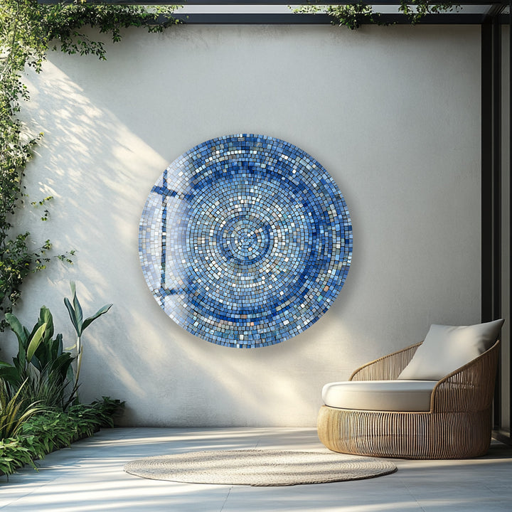 Celestial Blue Mosaic – Round Glass Wall Art