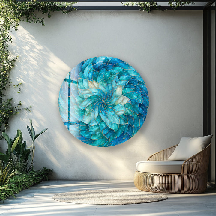 Ocean Bloom Spiral – Round Glass Wall Art