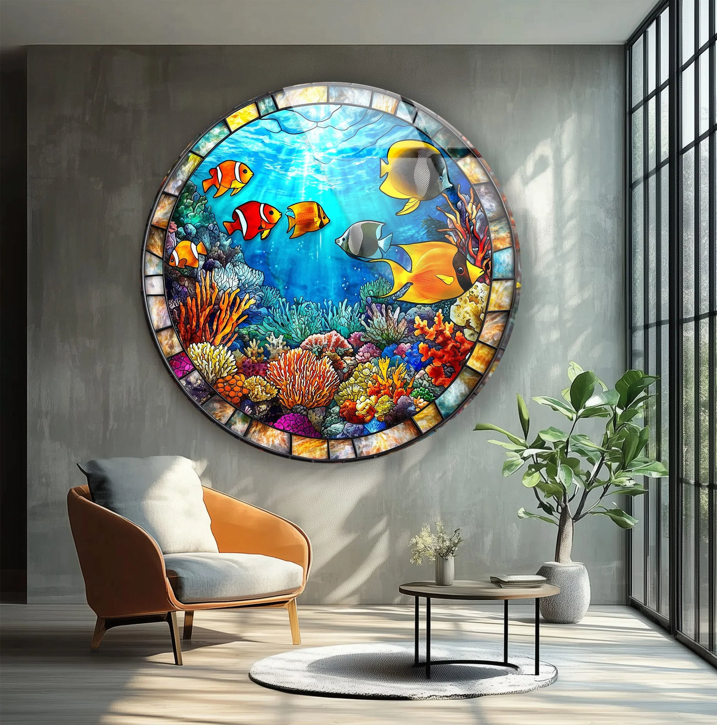 The realistic detail showcases a stunning tropical reef round glass wall art, a decorative wall art piece with vibrant coral and fish that bring an underwater world to life.