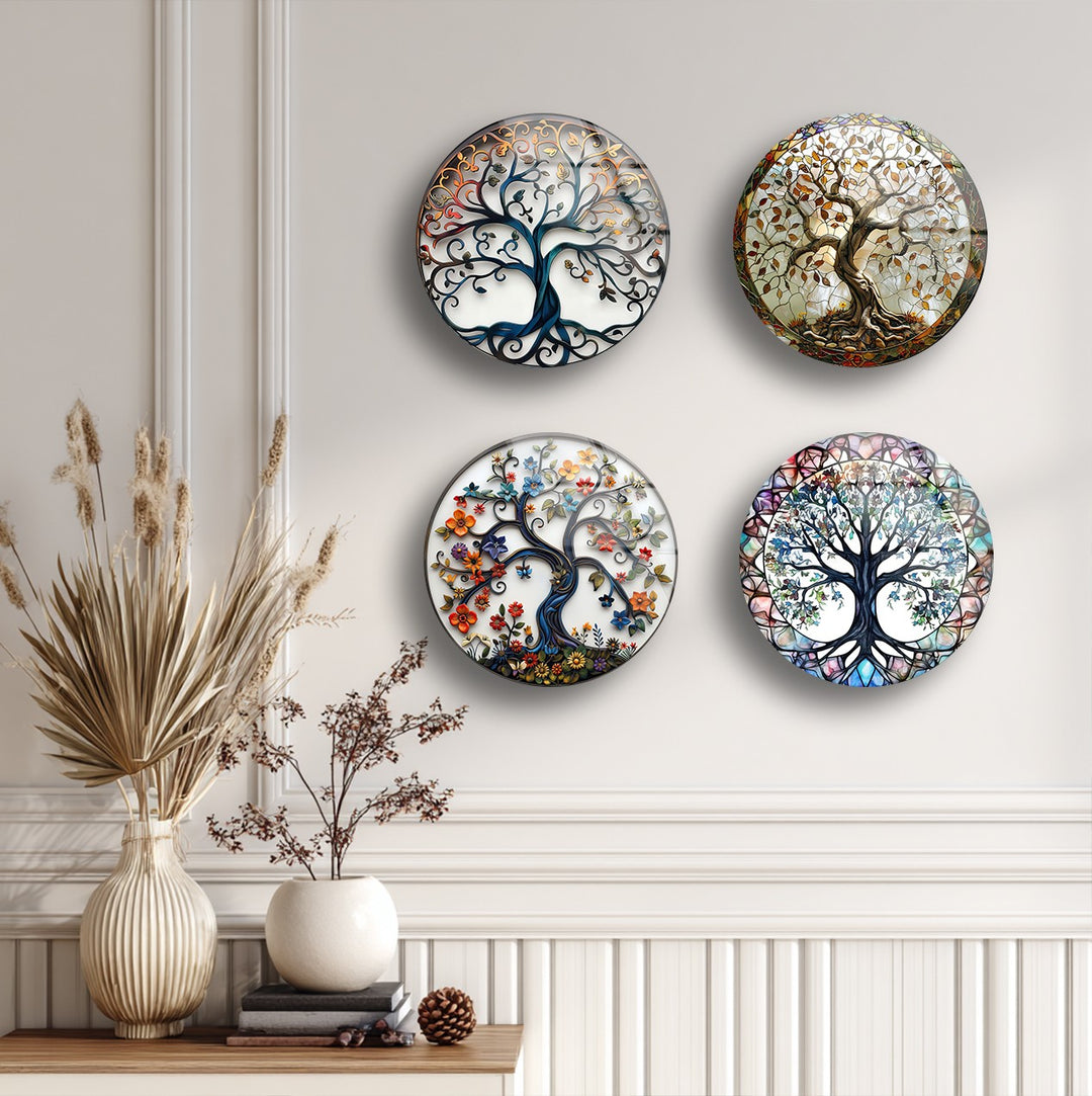 Mosaic Tree of Life Round Glass Wall Art Set – Nature-Inspired Glass Decor