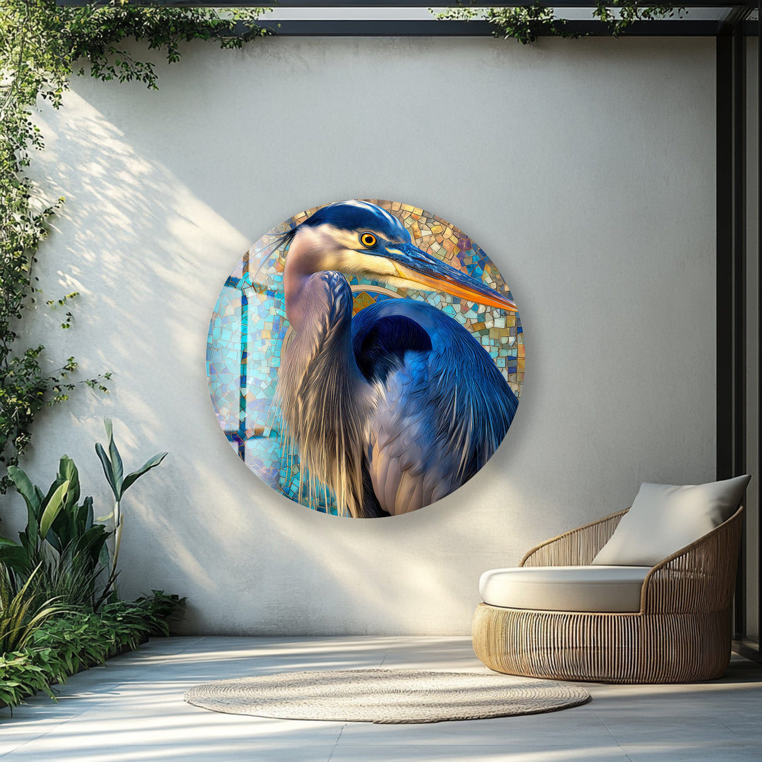 Azure Watchful Heron – Round Glass Wall Art