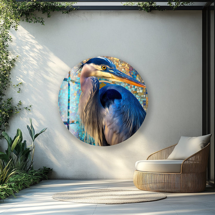 Azure Watchful Heron – Round Glass Wall Art