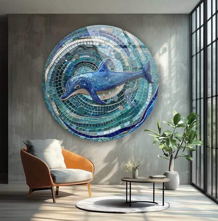 Dolphin-themed round glass art for beach house decor