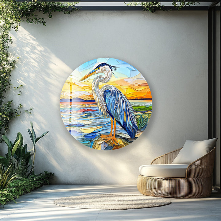 Blue Heron at Dusk – Round Glass Wall Art