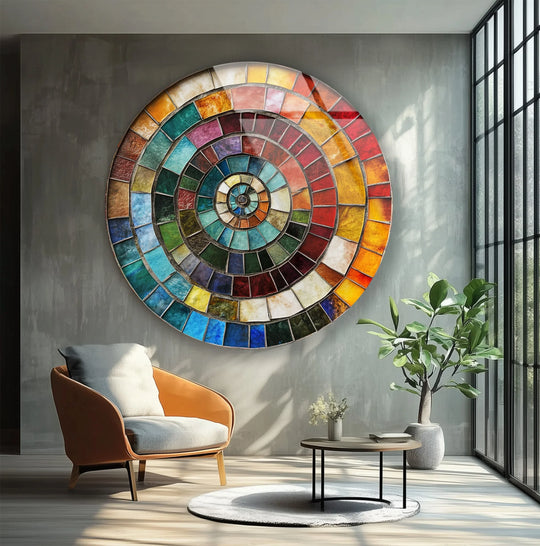 Foreground shows the Color Wheel Mosaic Round art from glass, a vibrant spiral design of colored tiles creating an eye-catching piece.