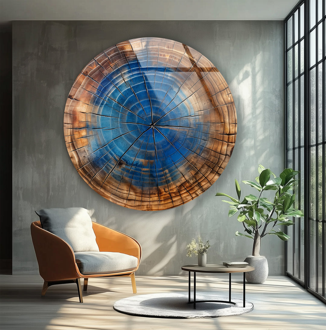 Blue Core Timber – Rustic Round Glass Wall Art