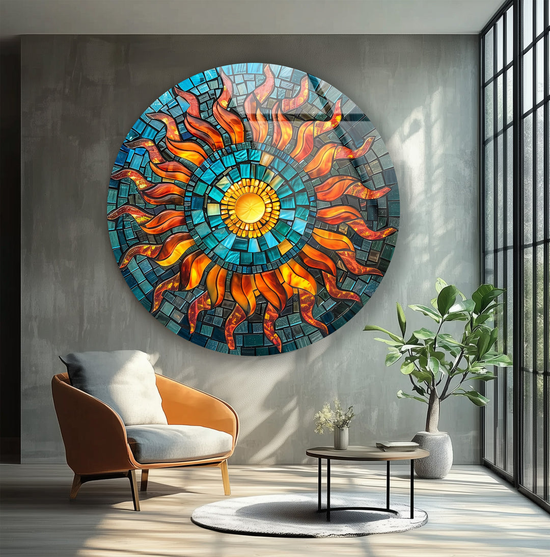 Solar Radiance – Sunburst Mosaic Round Glass Wall Art