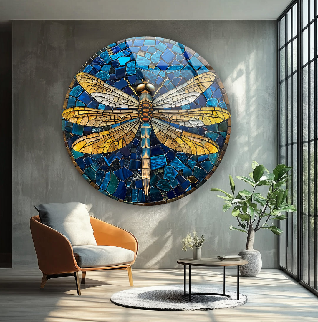 Golden Dragonfly – Blue Mosaic Round Glass Wall Art
