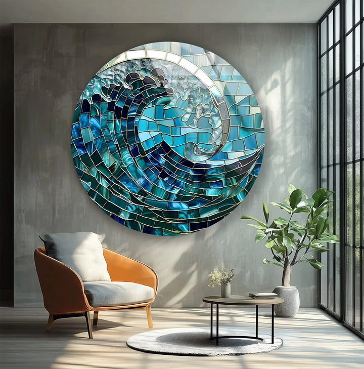 Ocean Wave Mosaic Round Glass Wall Art - MyPhotoStation