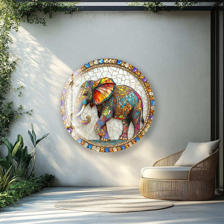 Regal Mosaic Elephant – Round Glass Wall Art