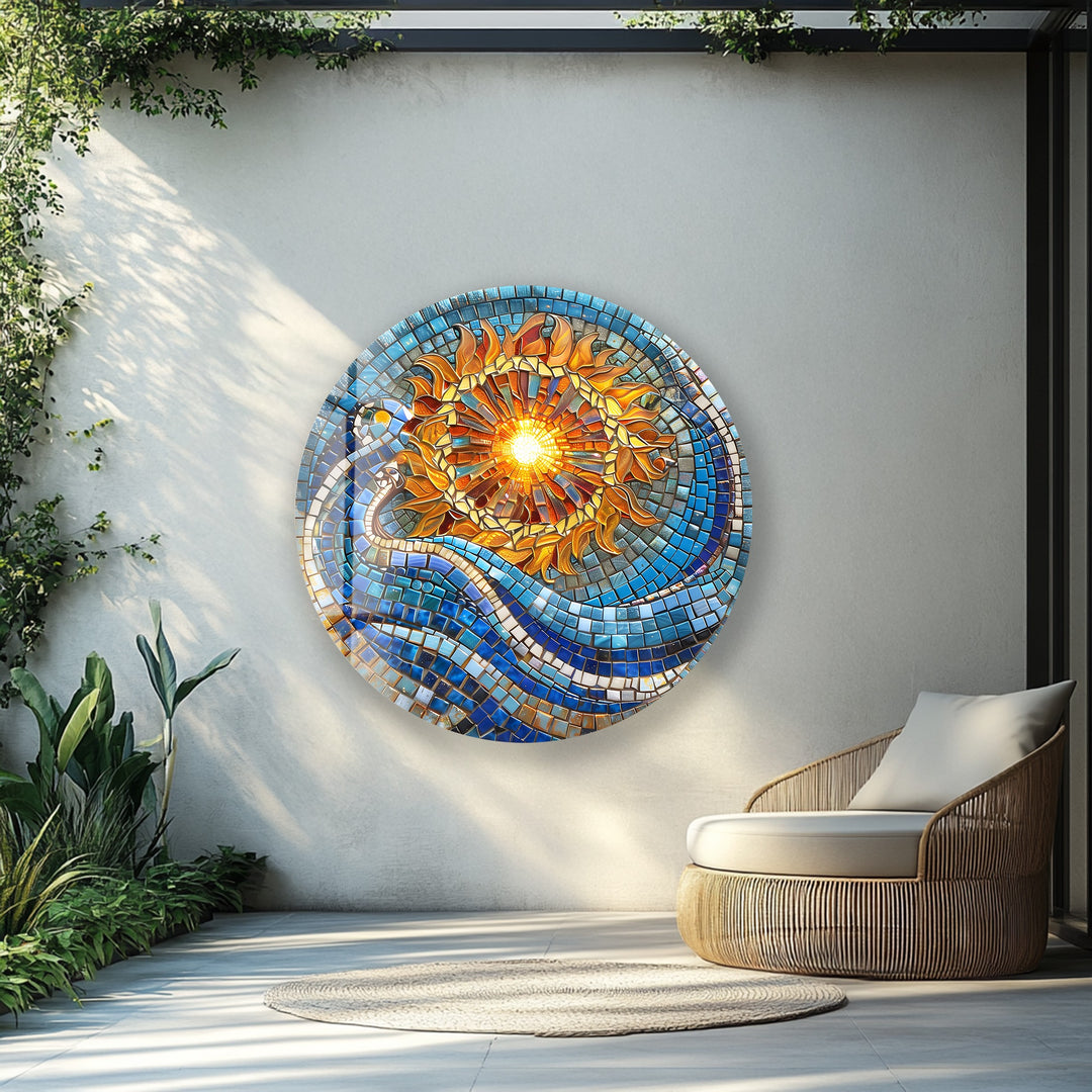 Solar Flow – Blue and Gold Mosaic Round Glass Wall Art