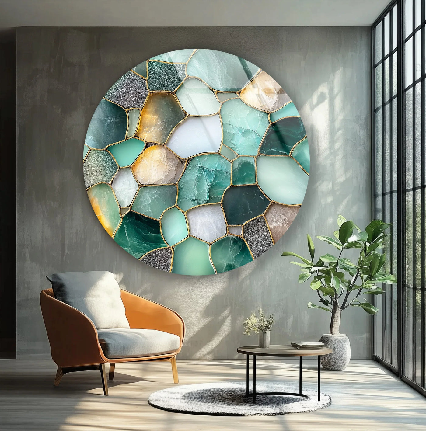 Geometric shapes define the round glass wall art, a green stone mosaic with unique modern wall decor creating a compelling, nature-inspired design.