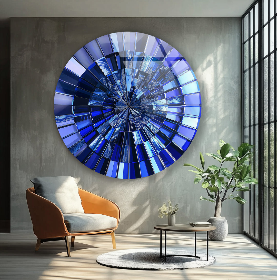 Midnight Radiance – Deep Blue Reflective Round Glass Wall Art