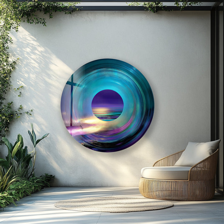 Luminous Horizon – Abstract Ocean View Round Glass Wall Art