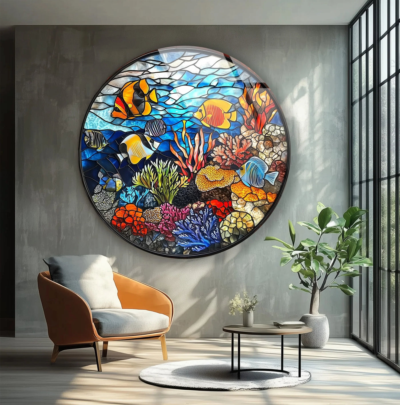 Layered depth highlights the best glass art in this round wall art, showcasing the vibrant coral reef mosaic and tropical fish details.