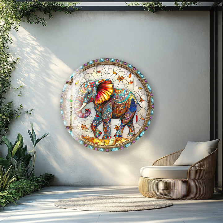 Majestic Mosaic Elephant – Round Glass Wall Art