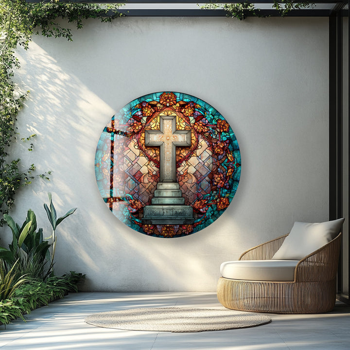 Golden Petal Harmony – Round Glass Wall Art