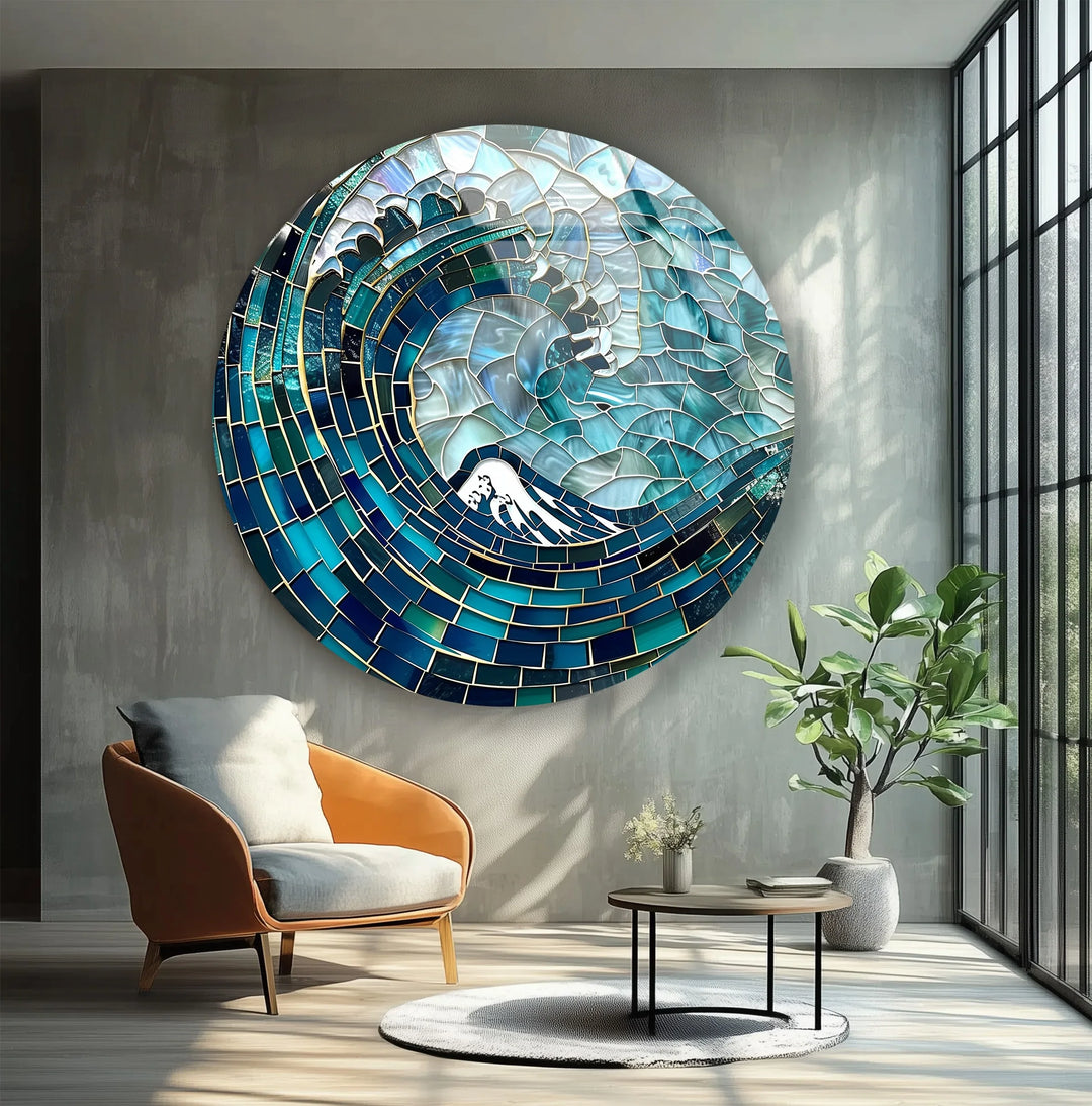 Deep Sea Wave Mosaic Round Glass Wall Art - MyPhotoStation