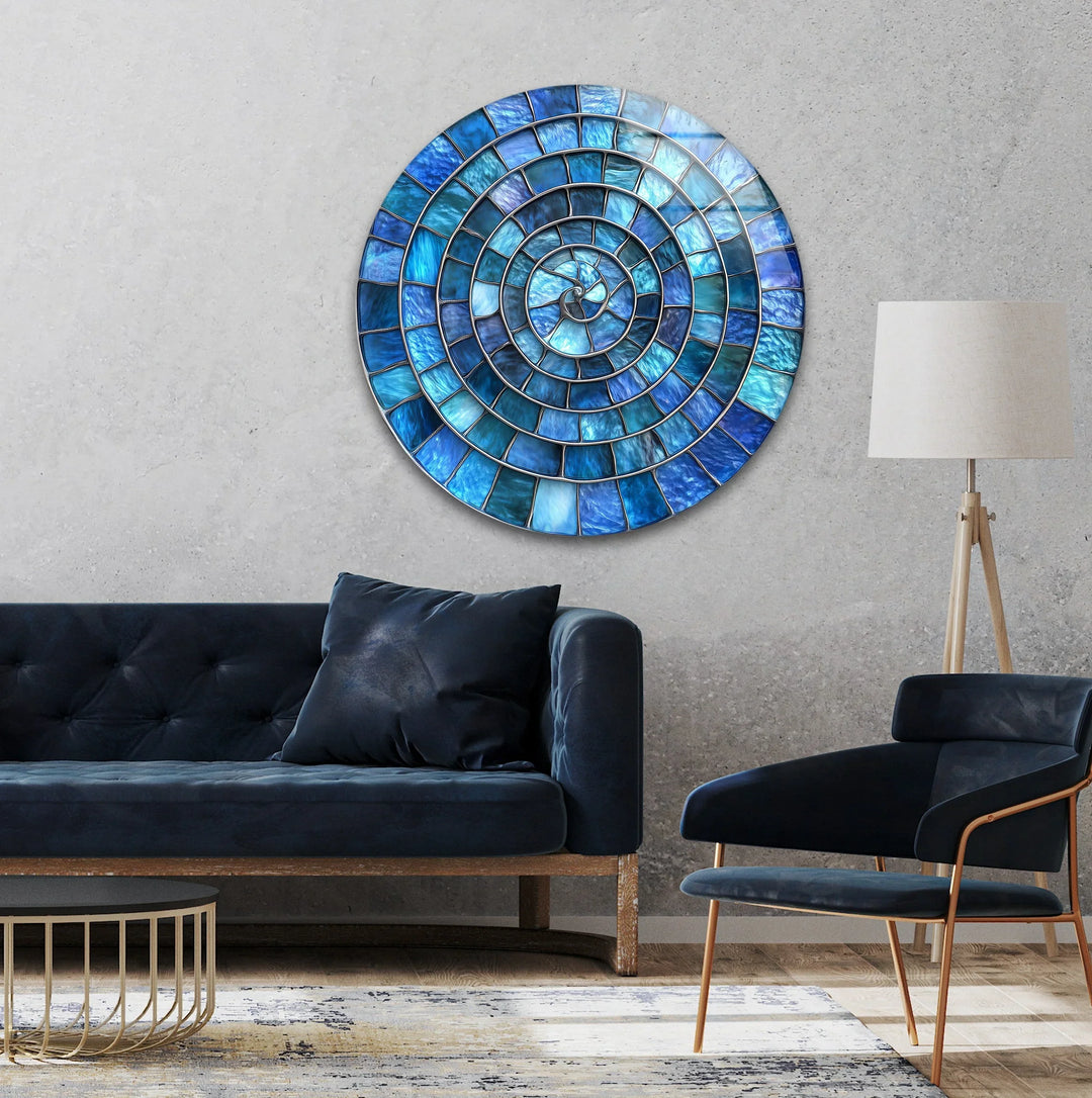 Blue Aqua Spiral Harmony – Round Glass Wall Art - MyPhotoStation