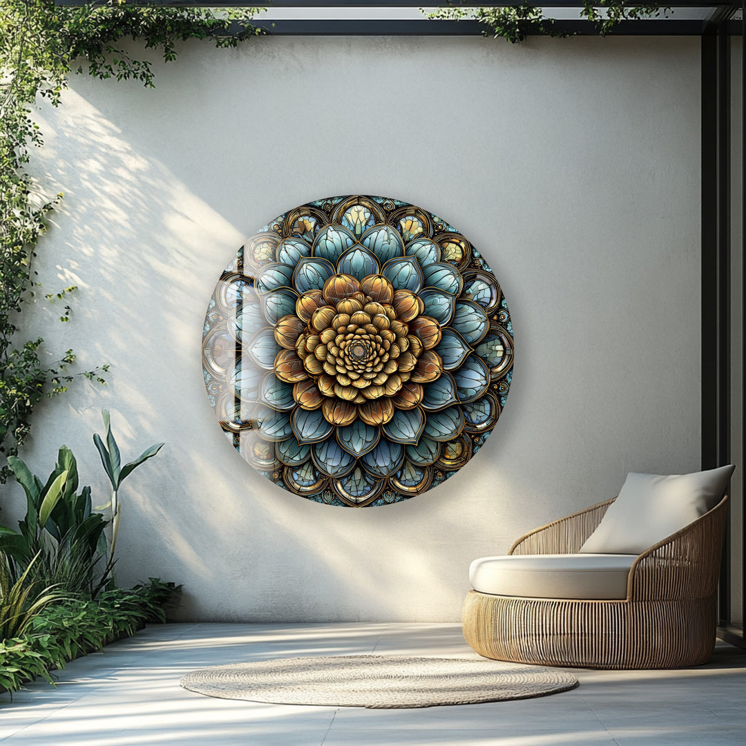 Golden Mandala Bloom – Round Glass Wall Art