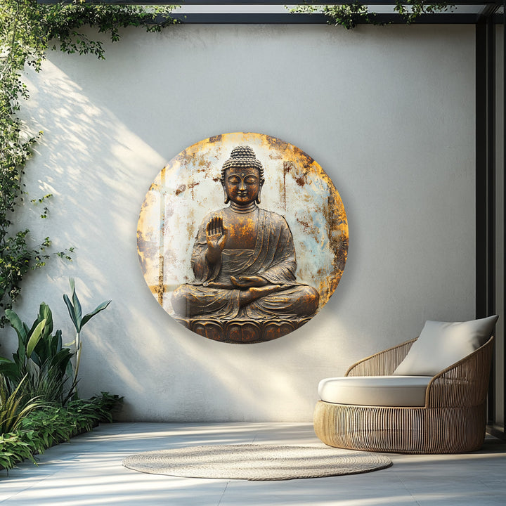 Rustic Buddha Calm – Round Glass Wall Art