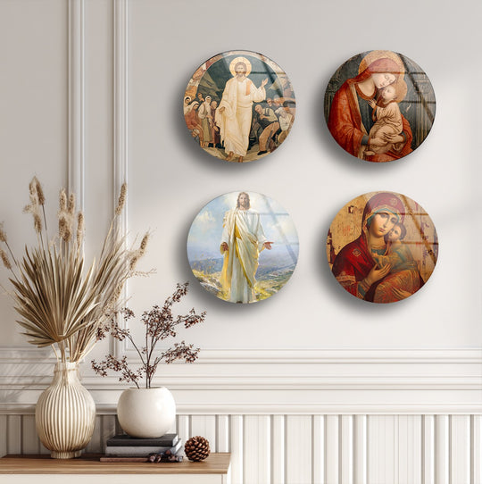 The round glass wall art set shows Christian religious décor with Jesus and Mary and provides faith based art on a white wall