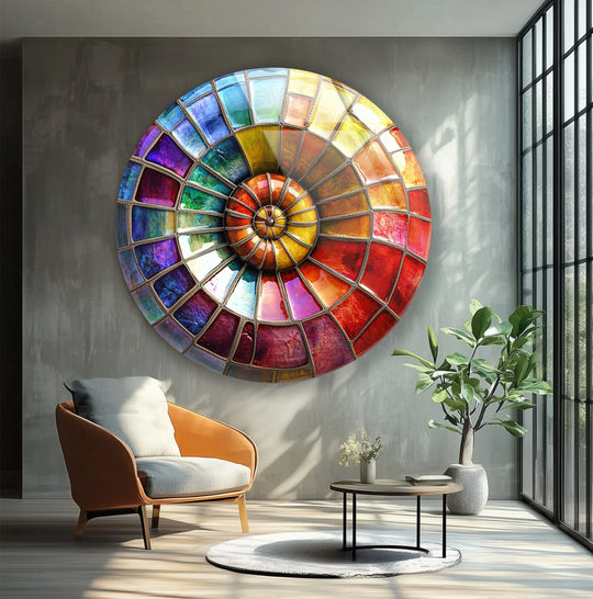 With a smooth, luminous finish, this radiant rainbow mosaic round glass wall art has the look of colorful tempered glass wall art that catches light beautifully.