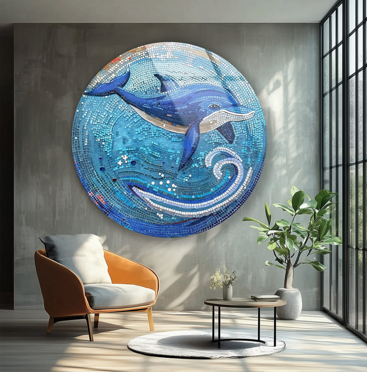 Elegant ocean-themed round glass wall artwork