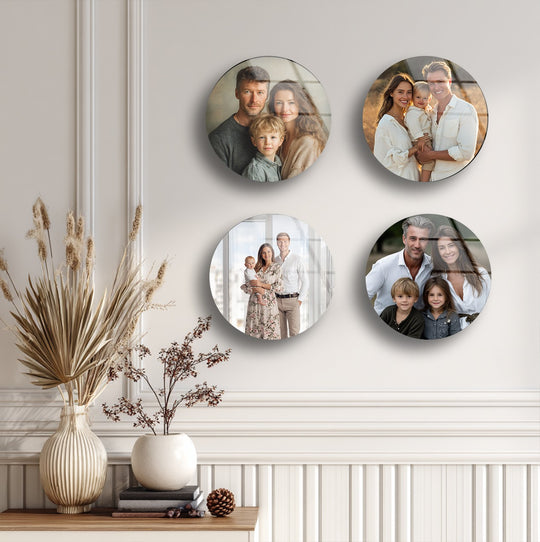 Round glass wall art set features family photos and a modern design and is personalized decor on a white wall is visible