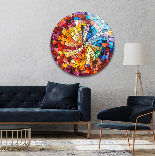 The darkest area highlights the intricate details within this solar spiral burst round glass wall art, showcasing its construction and texture as a stunning piece of tempered glass wall art.