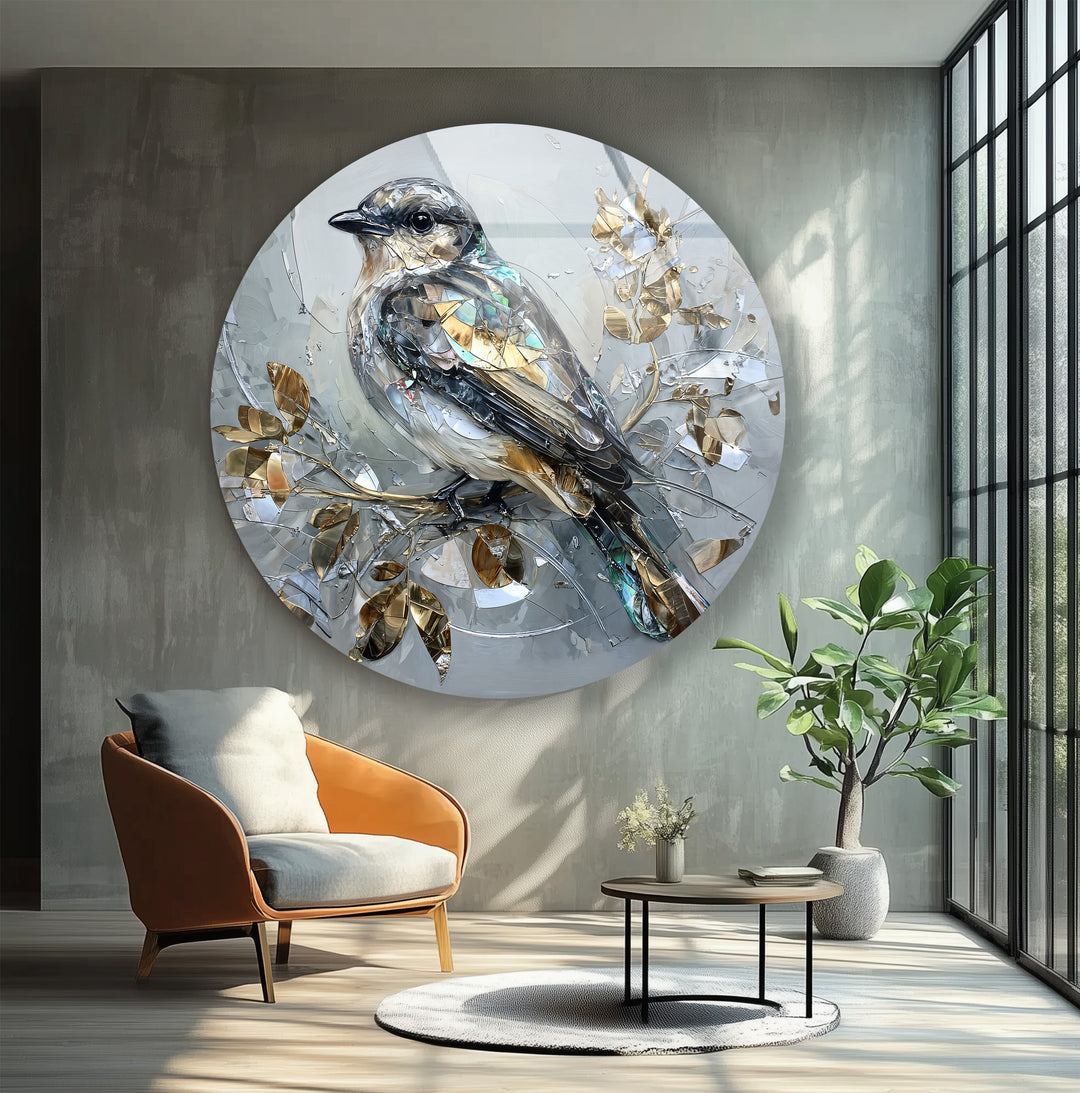 Golden Serenity – Crystal Bird Round Glass Wall Art