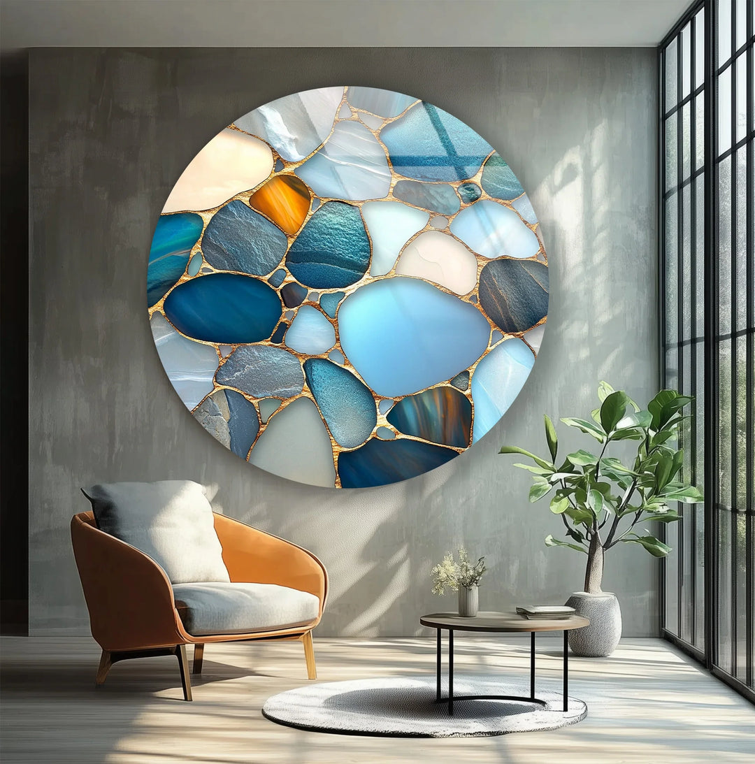 Blue Stone Mosaic Round Glass Wall Art - MyPhotoStation