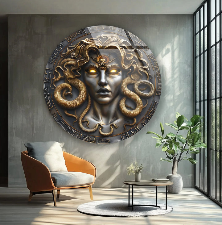 Medusa Gaze – Mythological Round Glass Wall Art - MyPhotoStation