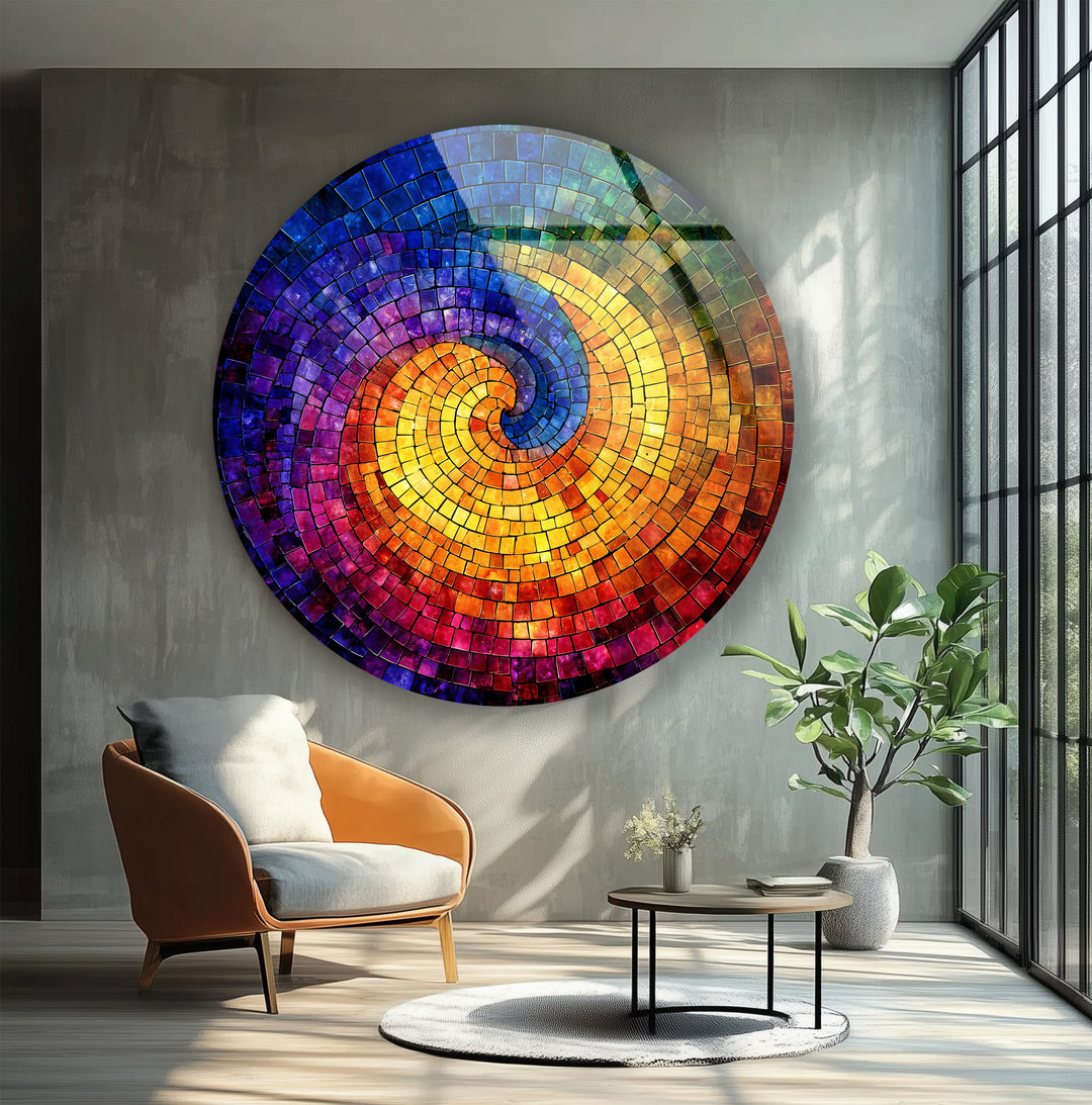 Chromatic Spiral – Vibrant Abstract Mosaic Round Glass Wall Art