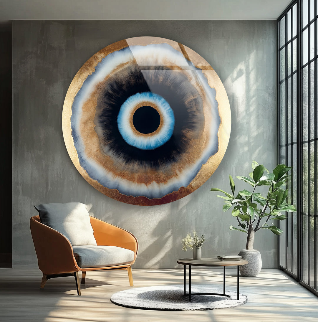 Abstract eye design glass wall décor with gold accents