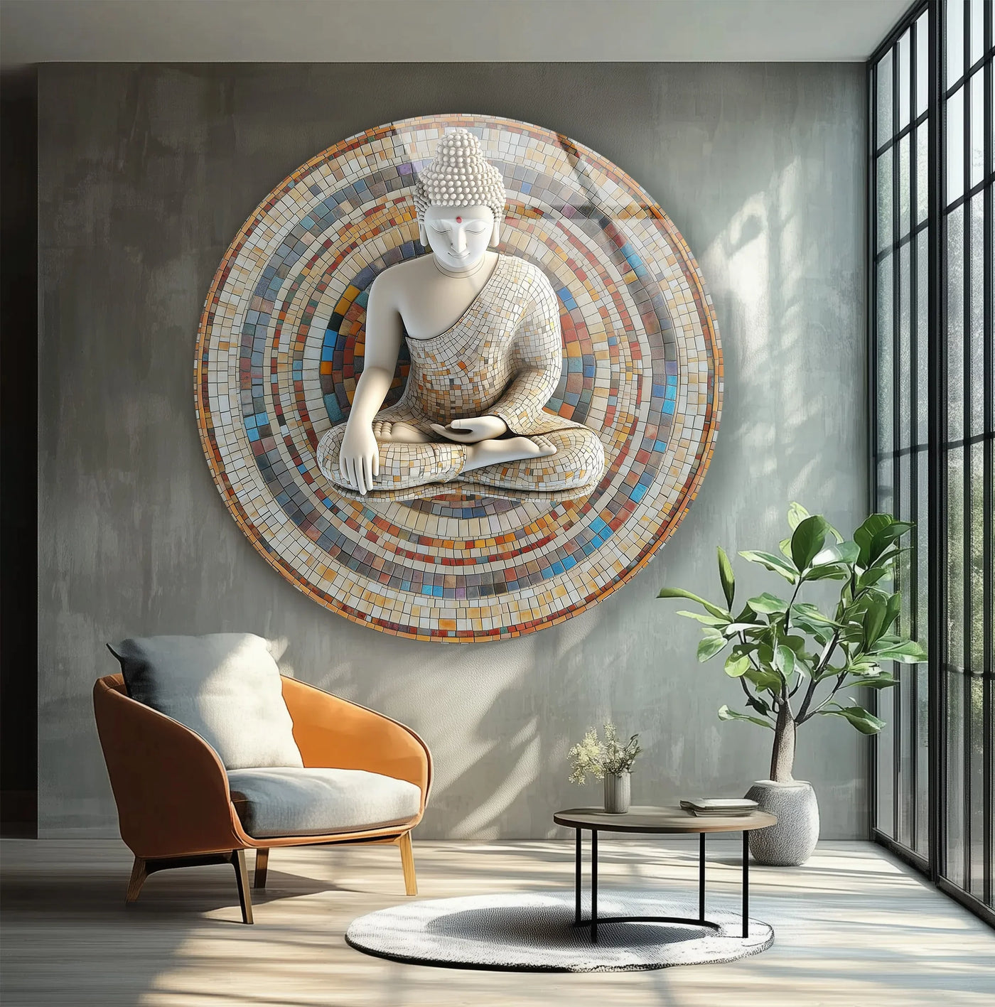Surrounding the serene Buddha, the edge and borders of this mosaic round glass art form a unique modern wall decor focal point for the contemporary space.