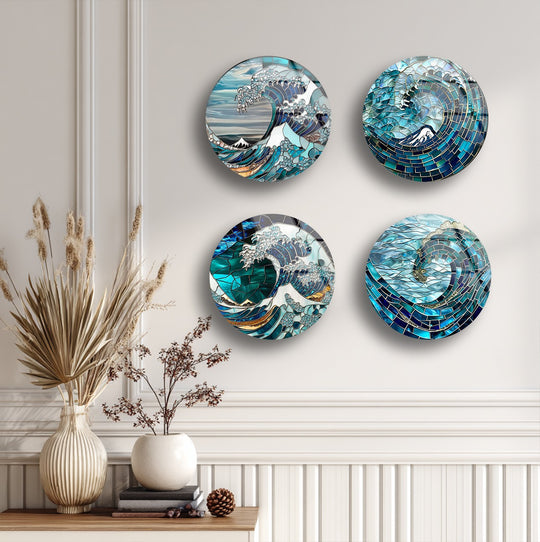 Round set glass wall art features an oceanic wave design and mosaic style and coastal art makes a great wall art decor set