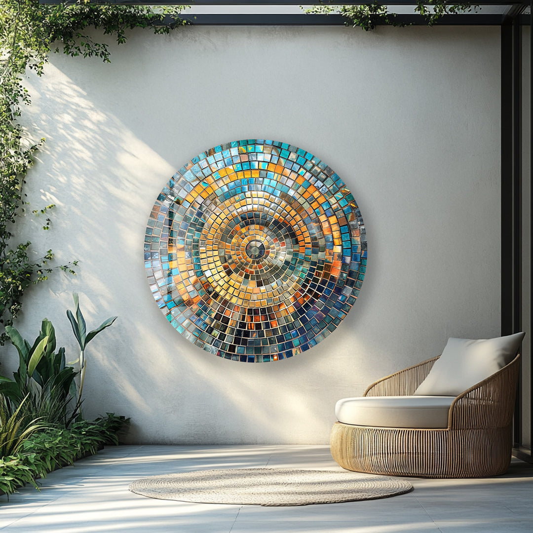 Aurora Mosaic – Radiant Blue and Gold Round Glass Wall Art