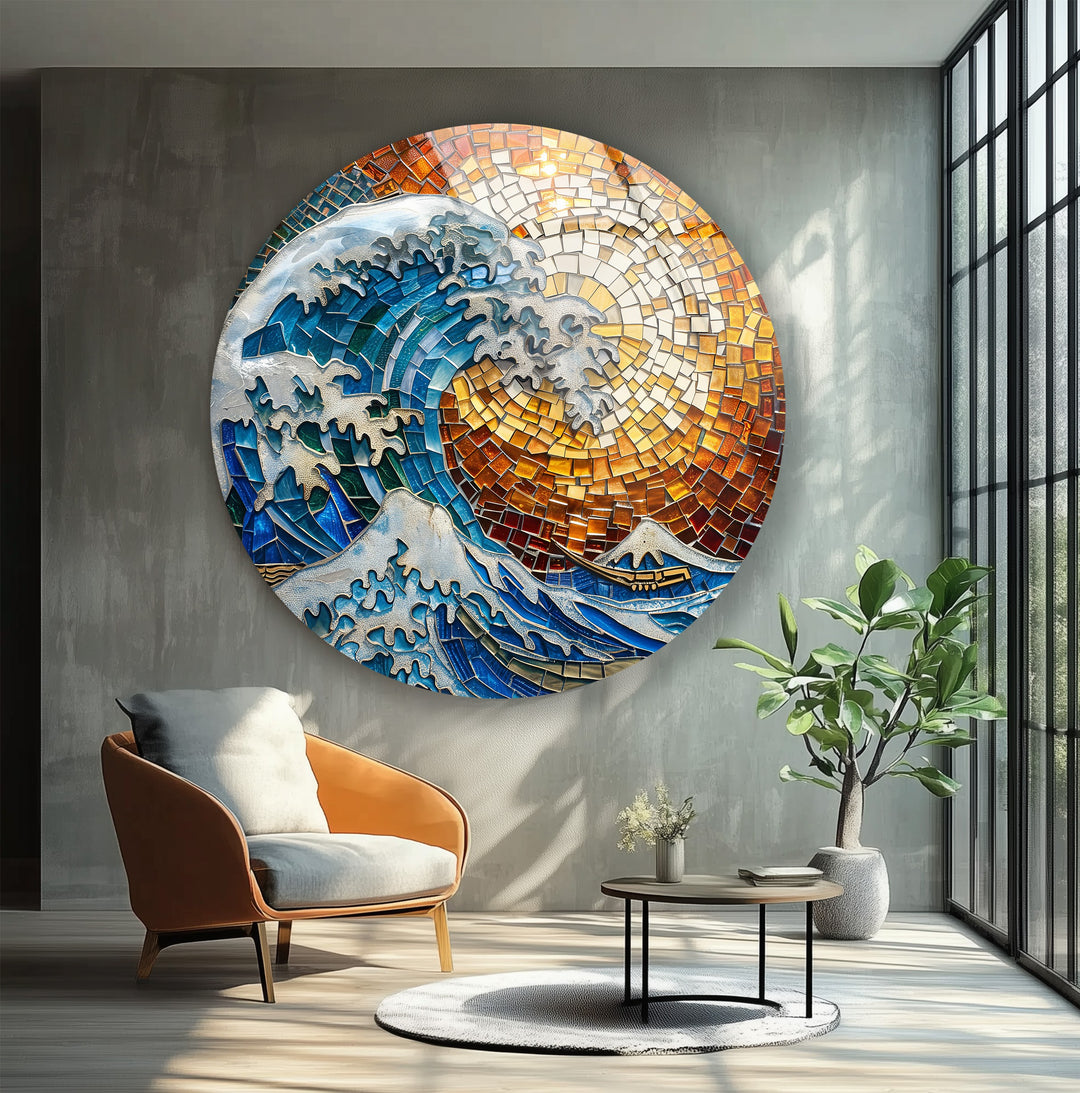 Golden Wave – Mosaic Ocean Round Glass Wall Art
