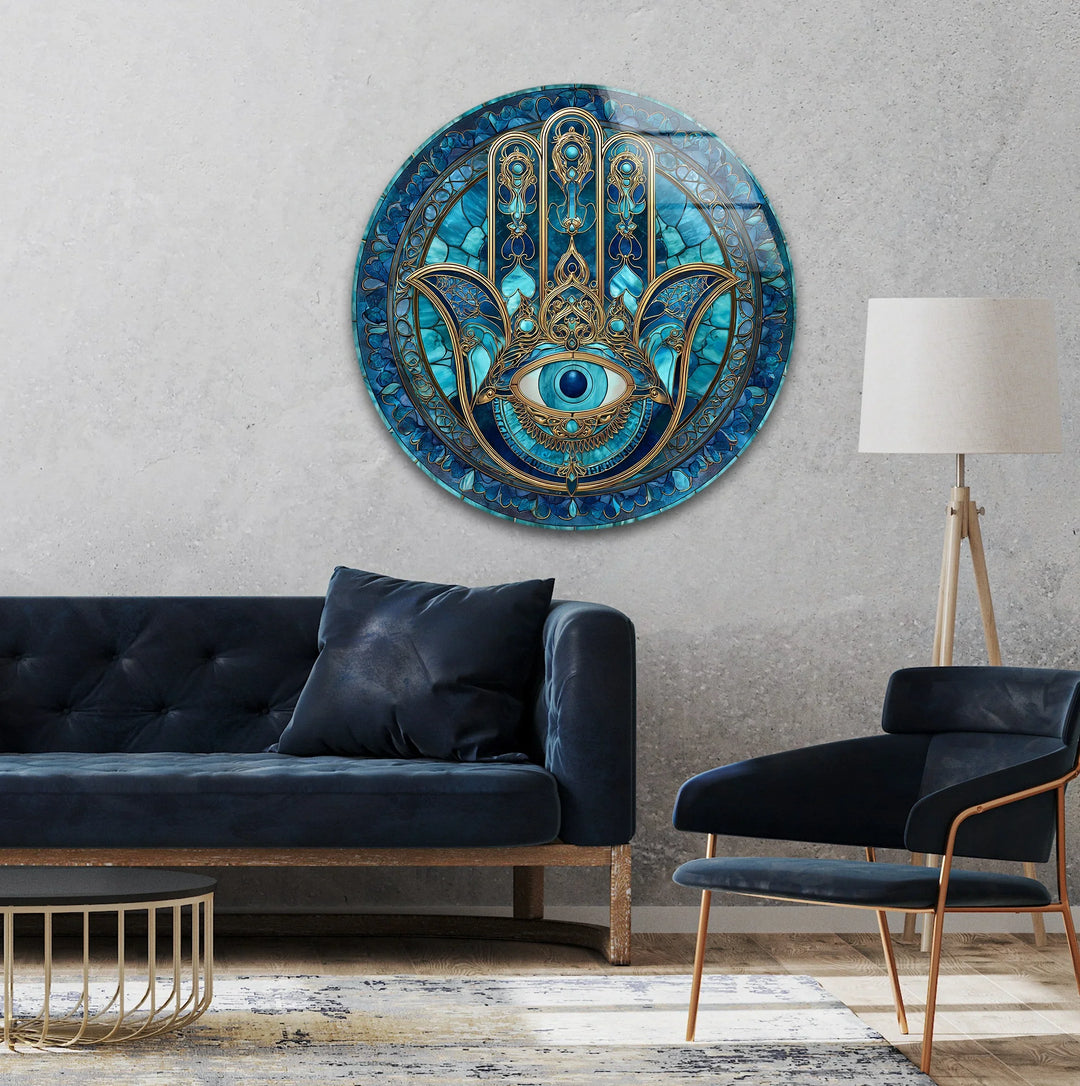 Mystic Hamsa Hand with Evil Eye – Round Glass Wall Art - MyPhotoStation