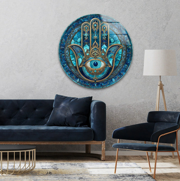 Mystic Hamsa Hand with Evil Eye – Round Glass Wall Art - MyPhotoStation