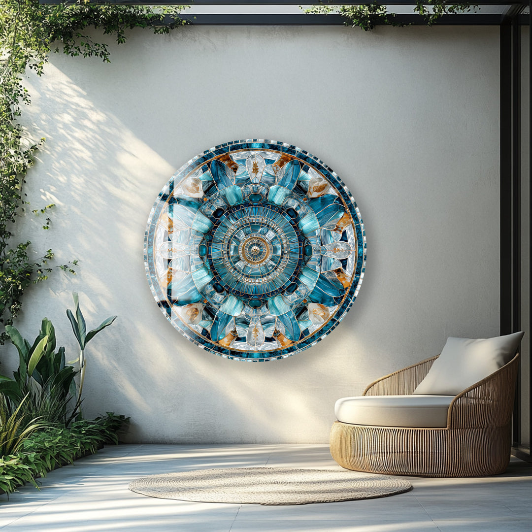Celestial Compass Bloom – Round Glass Wall Art