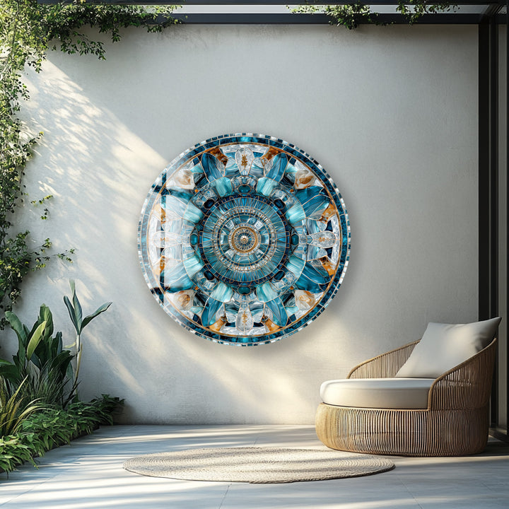 Celestial Compass Bloom – Round Glass Wall Art