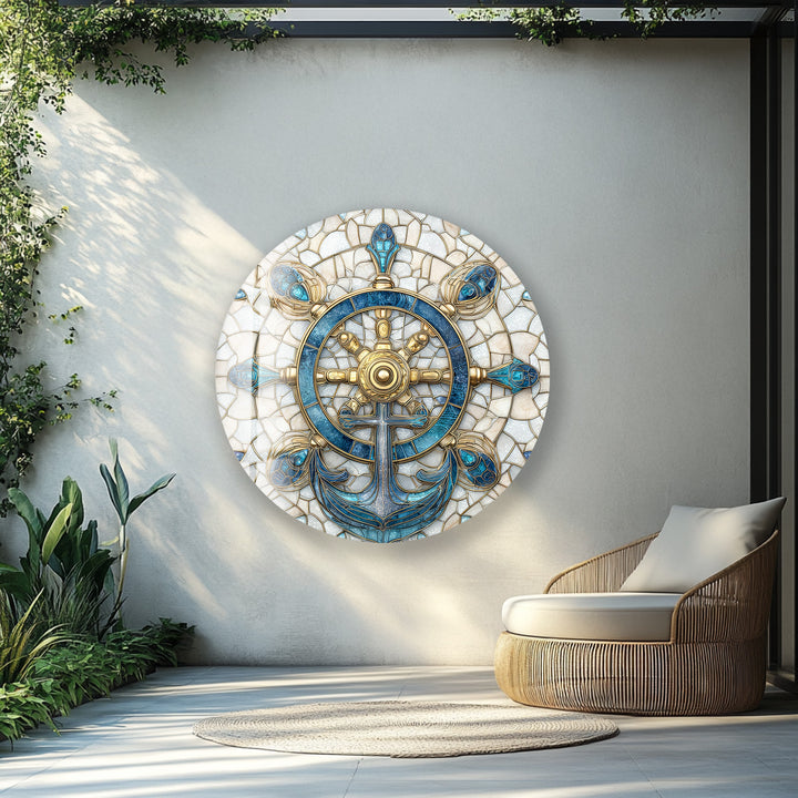 Golden Helm & Anchor Harmony – Round Glass Wall Art