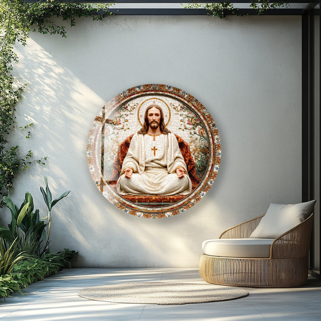Christ the Redeemer in Ivory – Mosaic Round Glass Wall Art