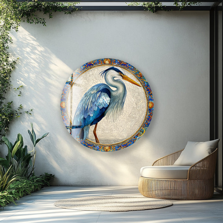 Regal Blue Heron – Round Glass Wall Art